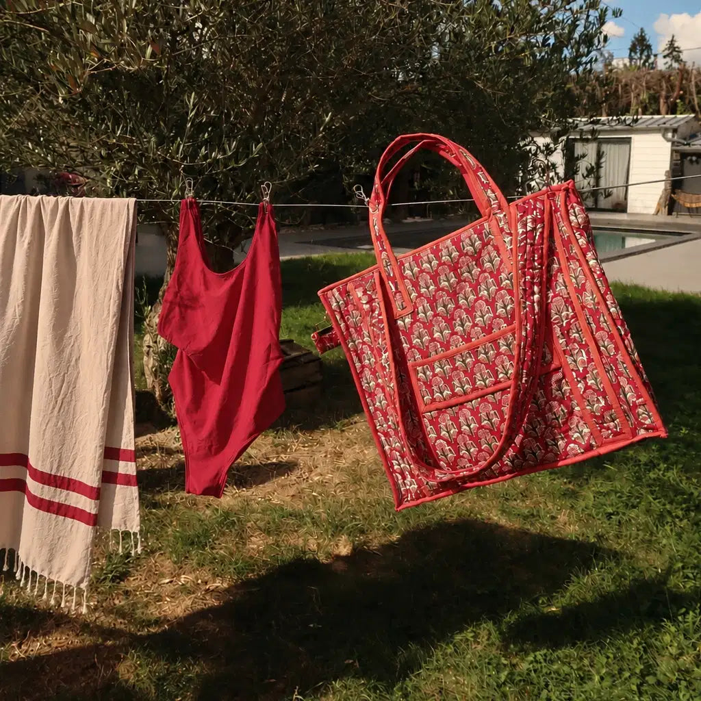 Sac LONDON posé sur un fil à linge avec un maillot de bain et une serviette rouge assortis
